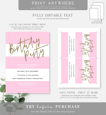 Stripe Pink | Printable Birthday Invitation Template
