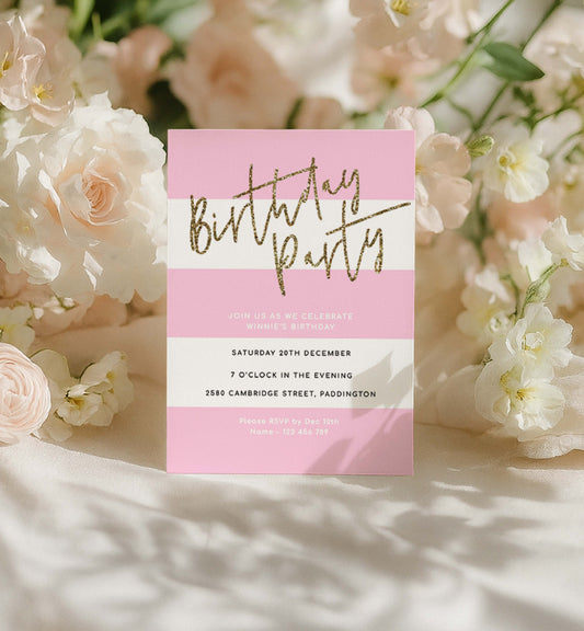 Stripe Pink | Printable Birthday Invitation Template