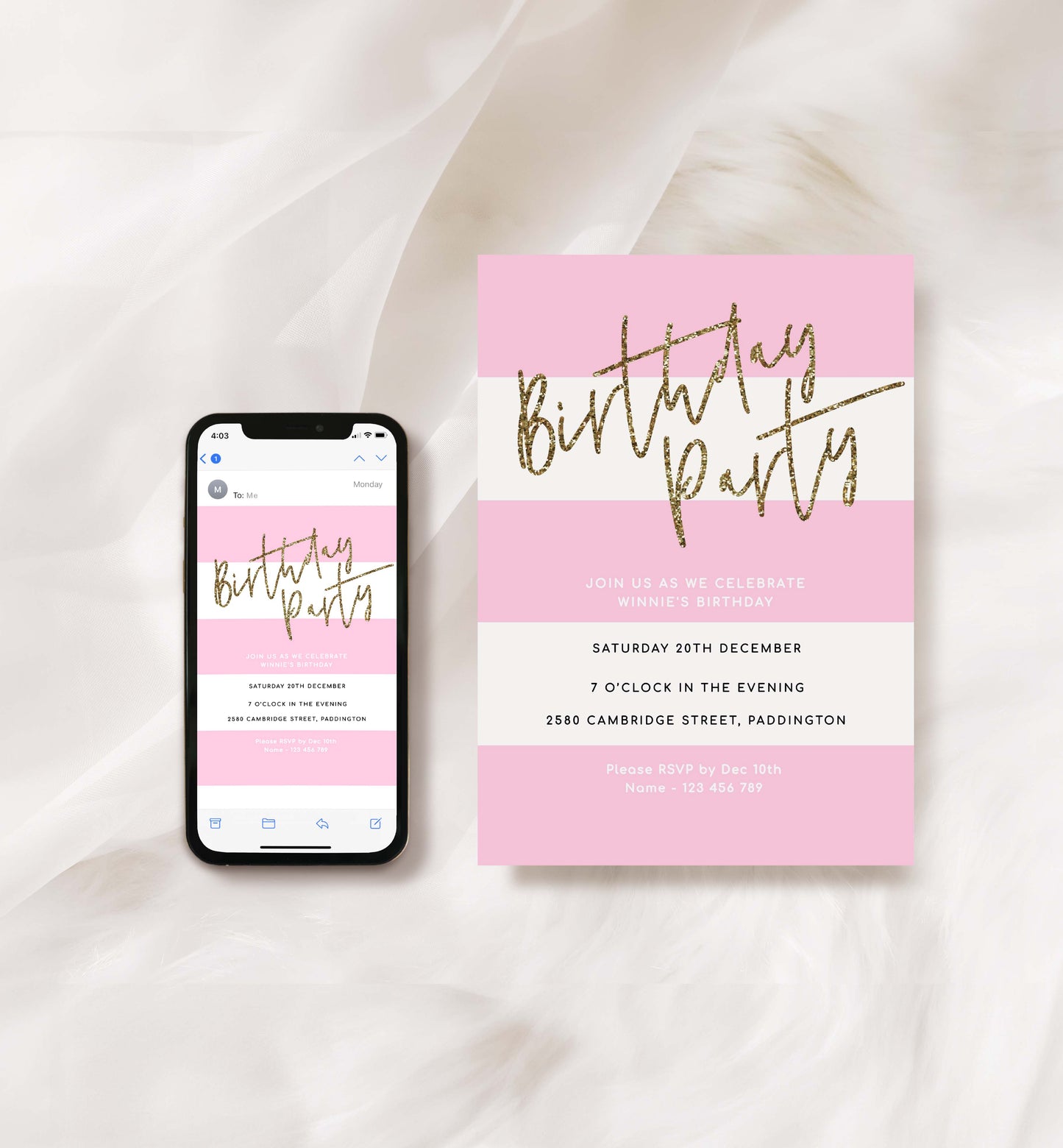 Stripe Pink | Printable Birthday Invitation Template