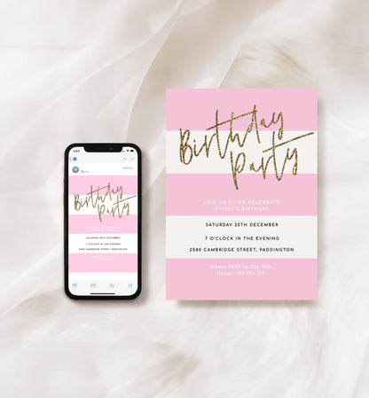 Stripe Pink | Printable Birthday Invitation Template
