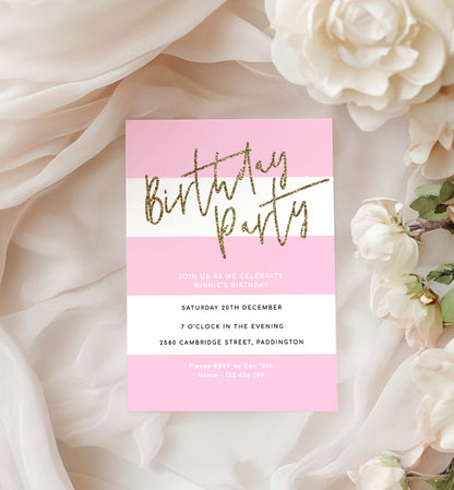 Stripe Pink | Printable Birthday Invitation Template