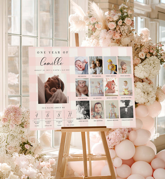 Decorative poster with milestone photos of a baby named Camille, surrounded by flowers and balloons. Printable First Birthday Photo Timeline Sign, Pink Gingham 1st Birthday Photo Banner, First Year Photo Collage Sign, Monthly Milestone Sign