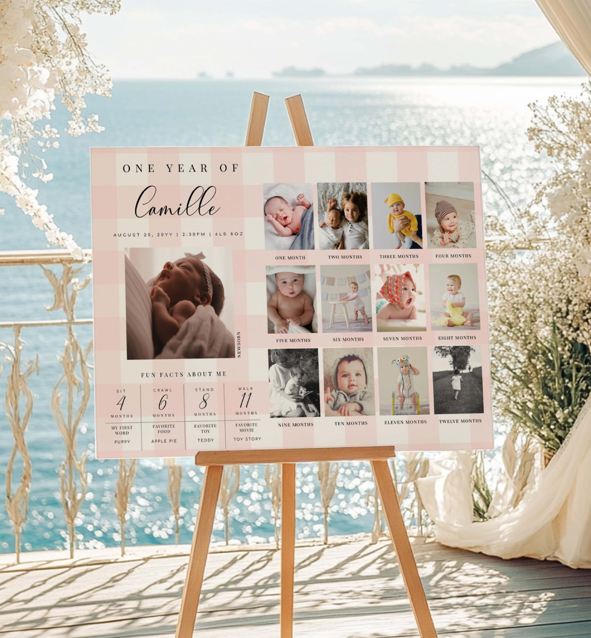 Memorial photo album with baby milestone photos on an easel by a scenic waterfront. Printable First Birthday Photo Timeline Sign, Pink Gingham 1st Birthday Photo Banner, First Year Photo Collage Sign, Monthly Milestone Sign