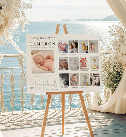Calendar with baby photos on a stand by a scenic waterfront. First Birthday Milestone Photo Sign, Printable Baby's First Year Poster, 1st Birthday Photo Collage, 12 Months Milestone Photo Banner, Quinn