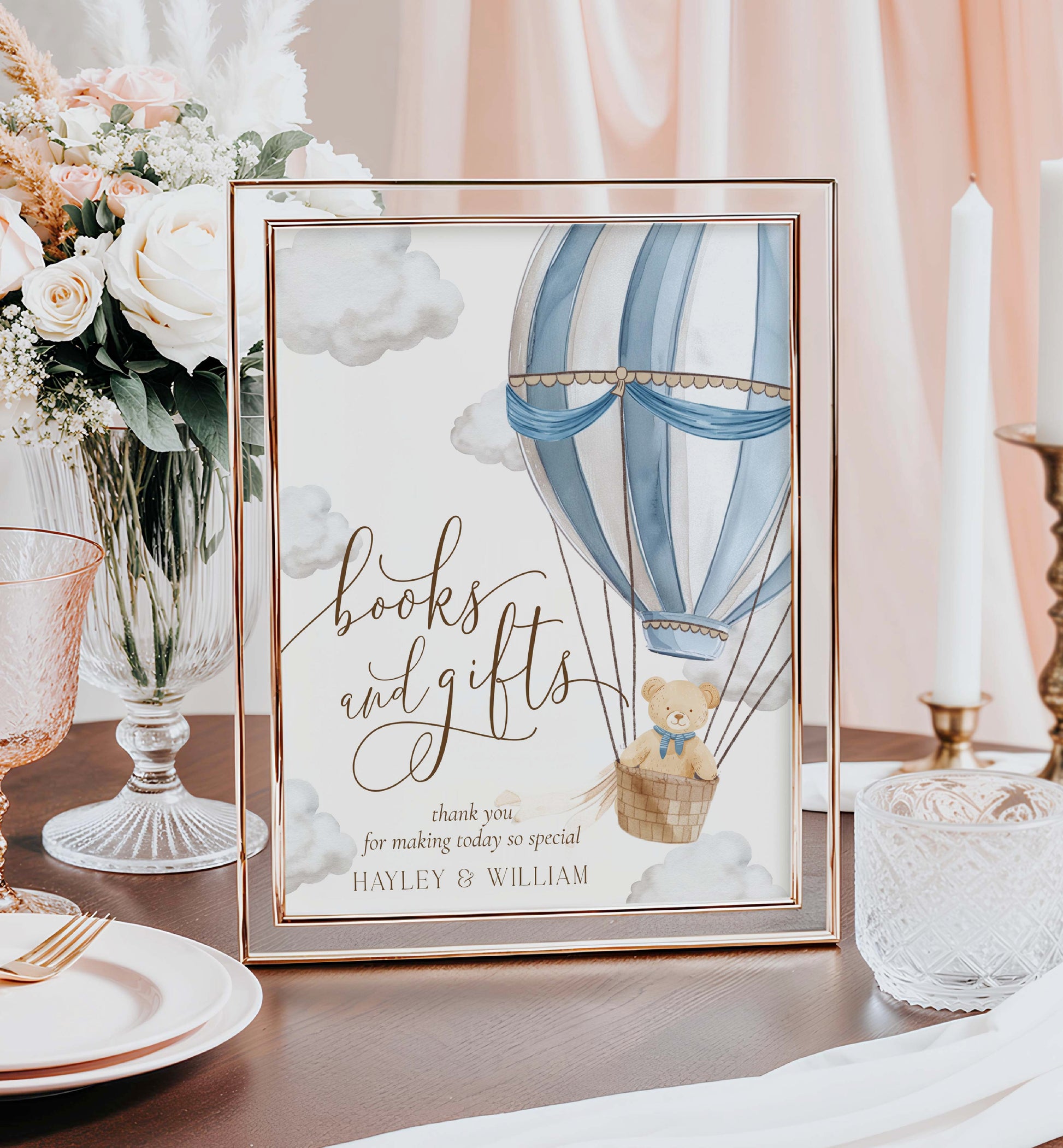 Printable Books and Gifts Sign Template, Bearly Wait Teddy Bear Hot Air Balloon, Boy Baby Shower Present Table Sign, Boy Baby Shower Sign