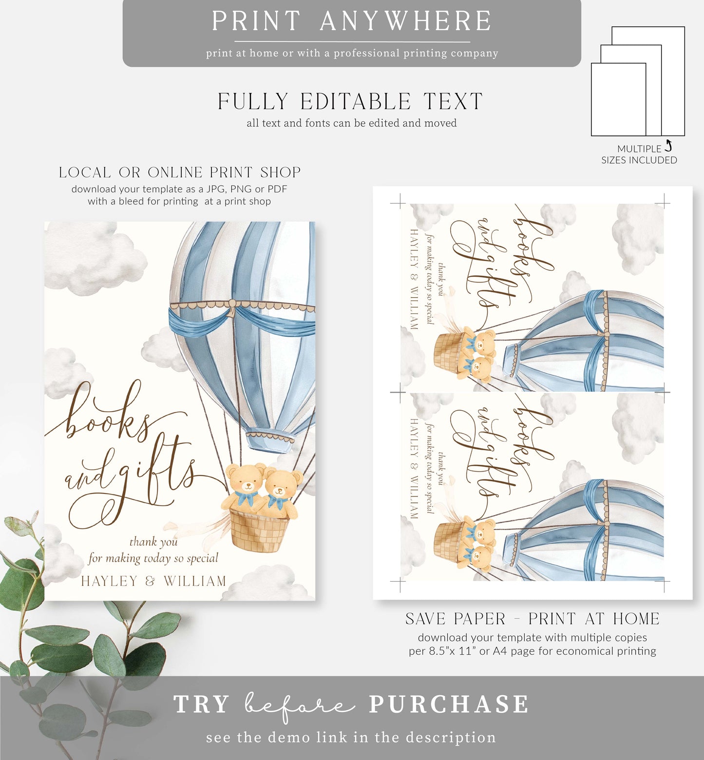 Bearly Wait Blue | Printable Twins Books and Gifts Sign Template