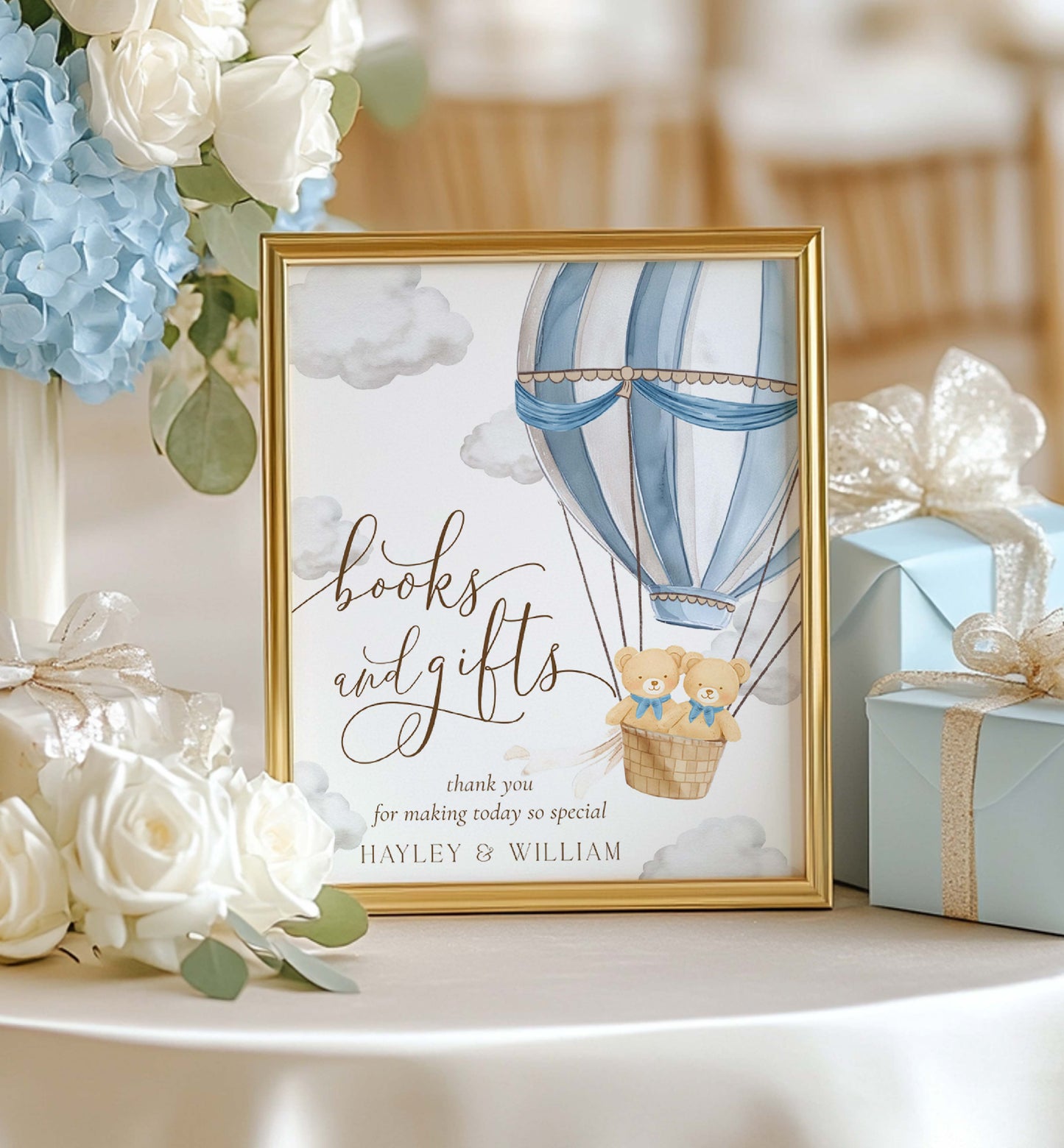 Decorative print with hot air balloon and teddy bears, surrounded by flowers and gifts. Printable Books and Gifts Sign Template, Bearly Wait Teddy Bear Hot Air Balloon, Twins Baby Shower Present Table Sign