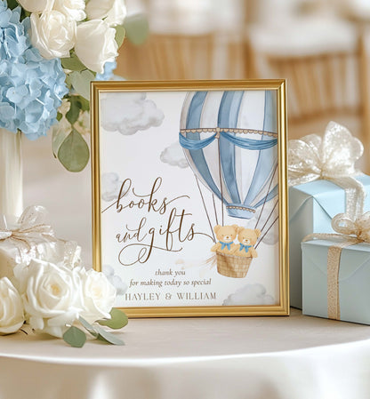 Decorative print with hot air balloon and teddy bears, surrounded by flowers and gifts. Printable Books and Gifts Sign Template, Bearly Wait Teddy Bear Hot Air Balloon, Twins Baby Shower Present Table Sign
