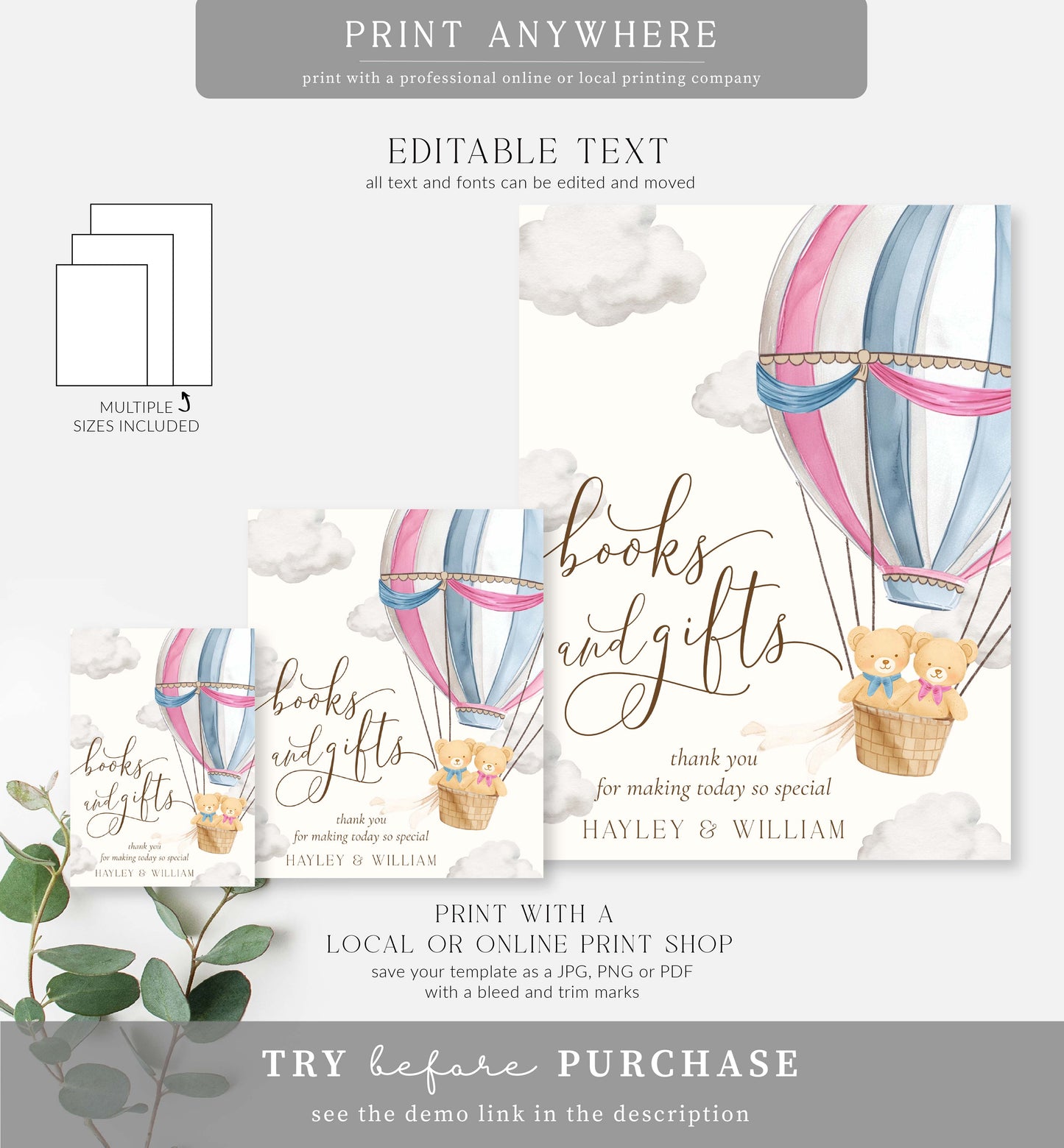 Bearly Wait Pink Blue | Printable Twins Books and Gifts Sign Template