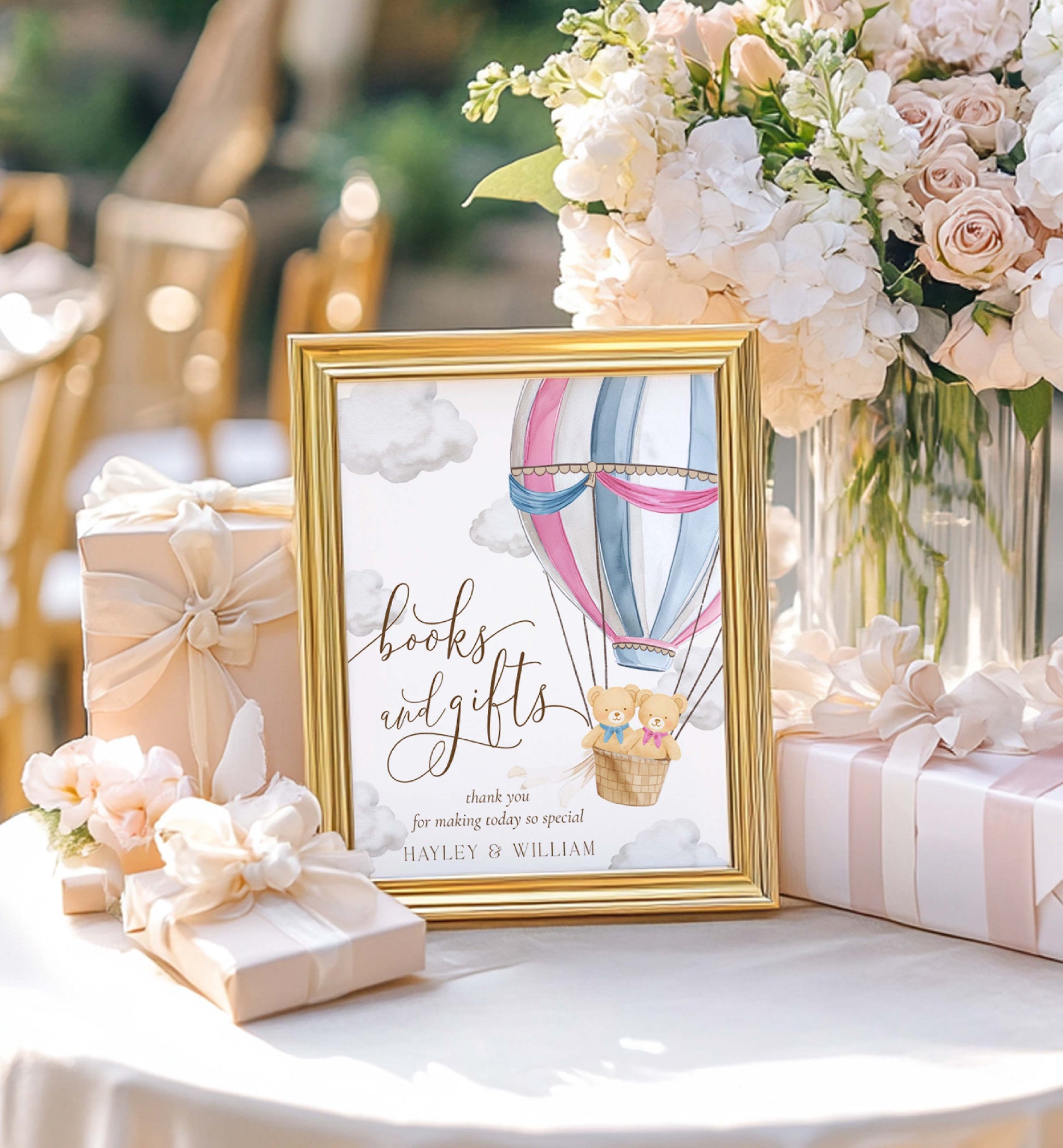 Decorative table setting with a framed picture, flowers, and gifts for a special occasion. Printable Books and Gifts Sign Template, Bearly Wait Teddy Bear Hot Air Balloon, Twins Baby Shower Present Table Sign, Boy Girl Twin Baby Shower