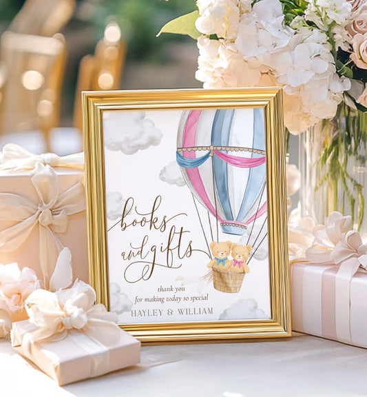 Decorative sign with hot air balloon design in a gold frame, surrounded by flowers and gifts. Printable Books and Gifts Sign Template, Bearly Wait Teddy Bear Hot Air Balloon, Twins Baby Shower Present Table Sign, Boy Girl Twin Baby Shower
