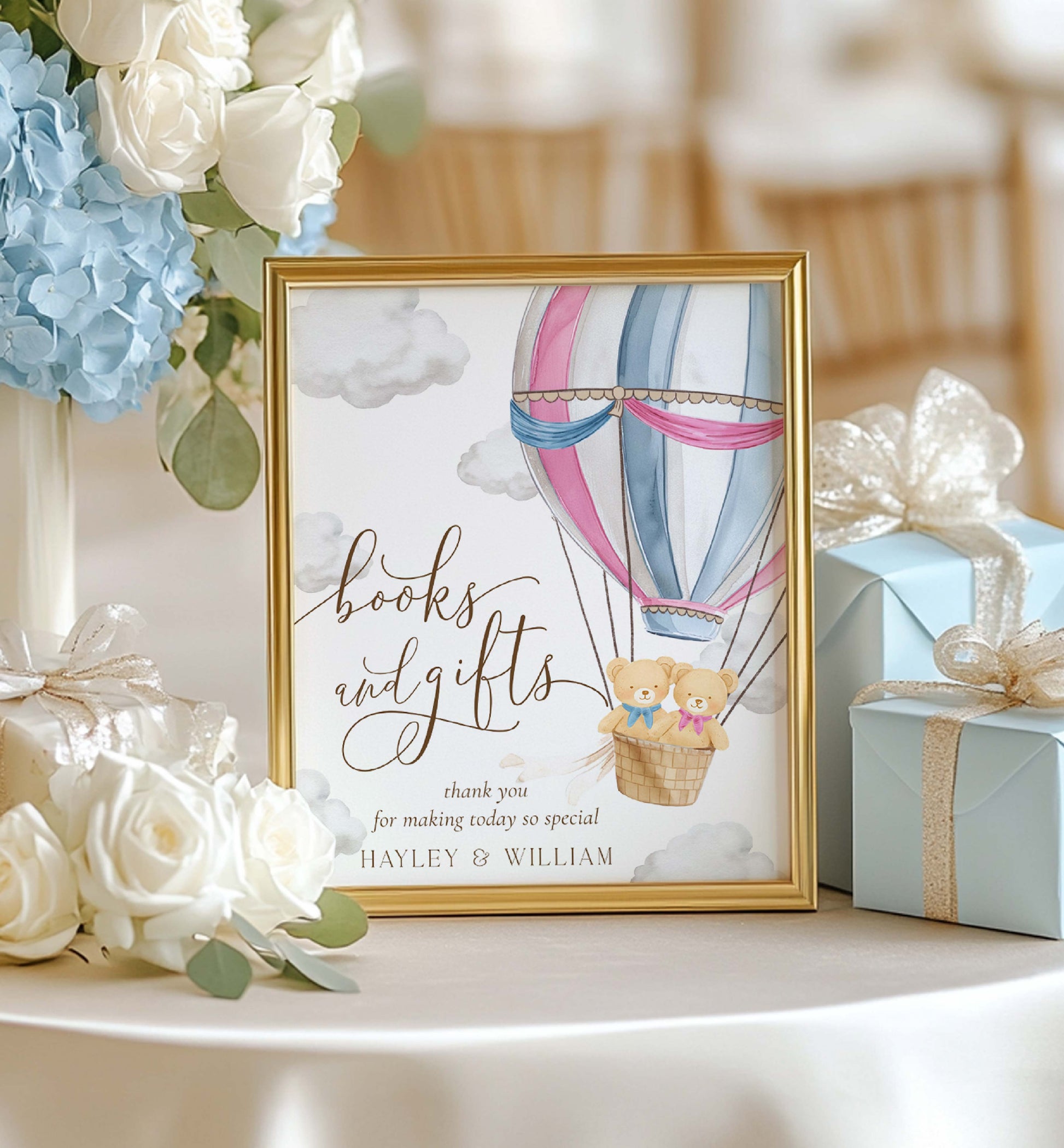 Printable Books and Gifts Sign Template, Bearly Wait Teddy Bear Hot Air Balloon, Twins Baby Shower Present Table Sign, Boy Girl Twin Baby Shower