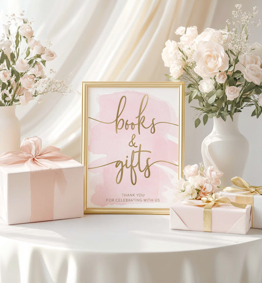 Decorative table setting with 'books & gifts' sign, flowers, and gift boxes. Printable Books and Gifts Sign, Pink Watercolour Girl Baby Shower Sign, Baby Shower Gift Table, Baby Shower Present Table Sign
