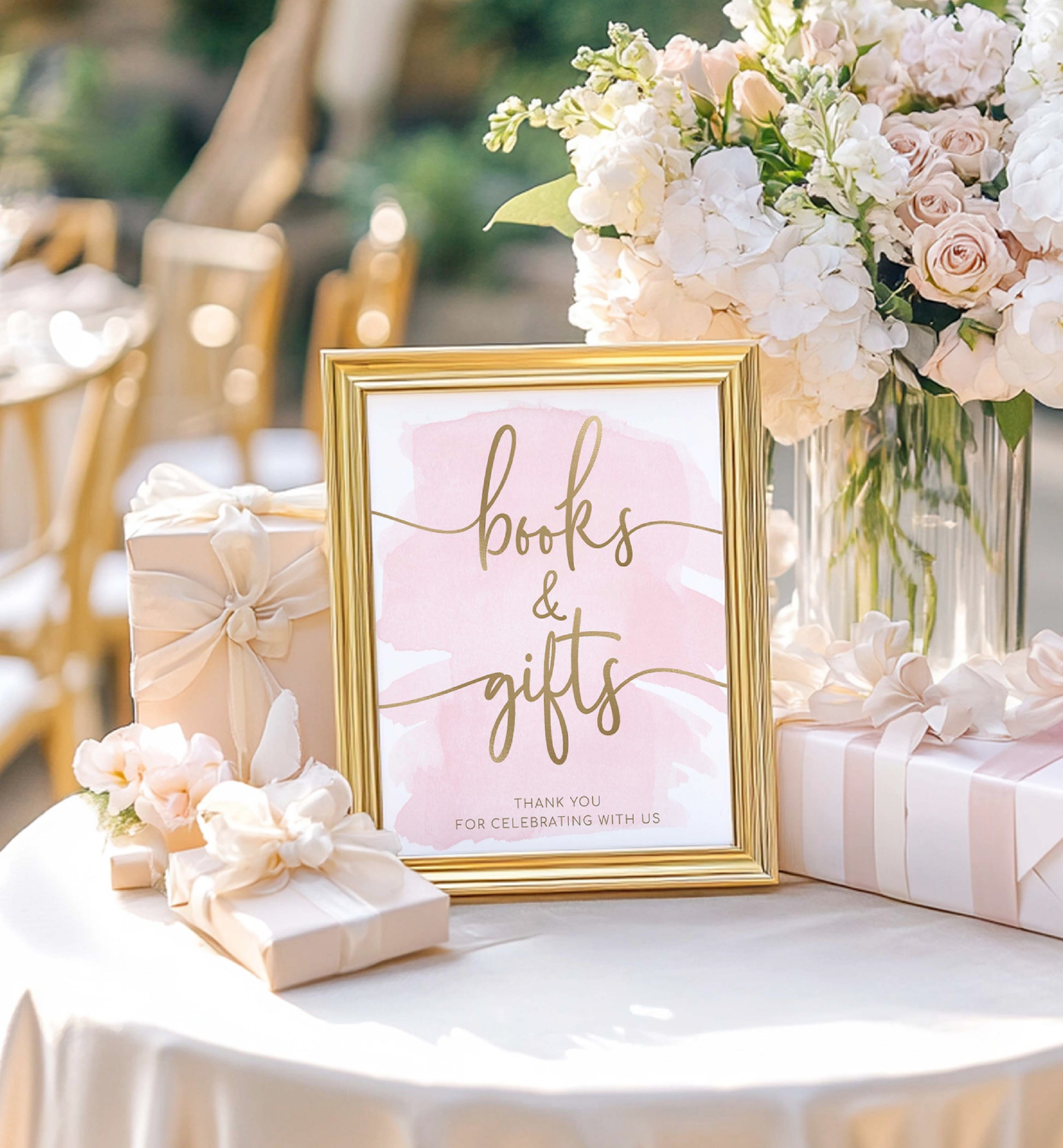 Decorative table setting with a 'books & gifts' sign, flowers, and presents. Printable Books and Gifts Sign, Pink Watercolour Girl Baby Shower Sign, Baby Shower Gift Table, Baby Shower Present Table Sign