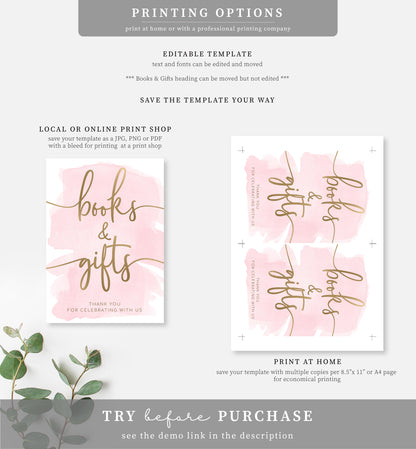 Watercolour Pink Gold | Printable Books and Gifts Sign Template