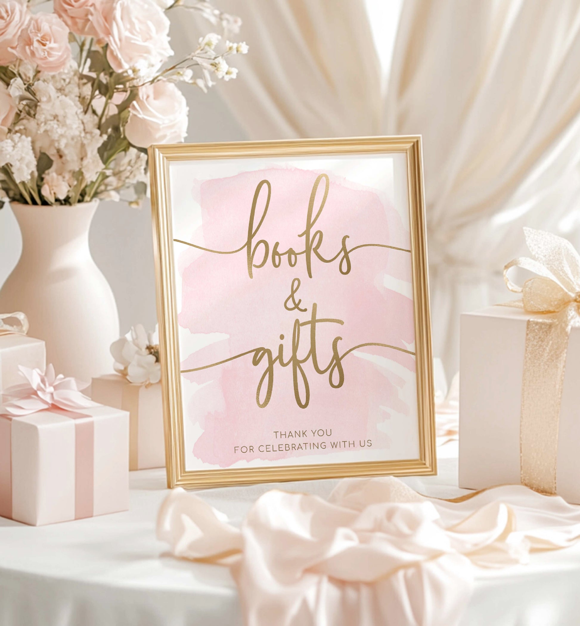 Decorative sign with 'books & gifts' text on a table with flowers and gifts. Printable Books and Gifts Sign, Pink Watercolour Girl Baby Shower Sign, Baby Shower Gift Table, Baby Shower Present Table Sign
