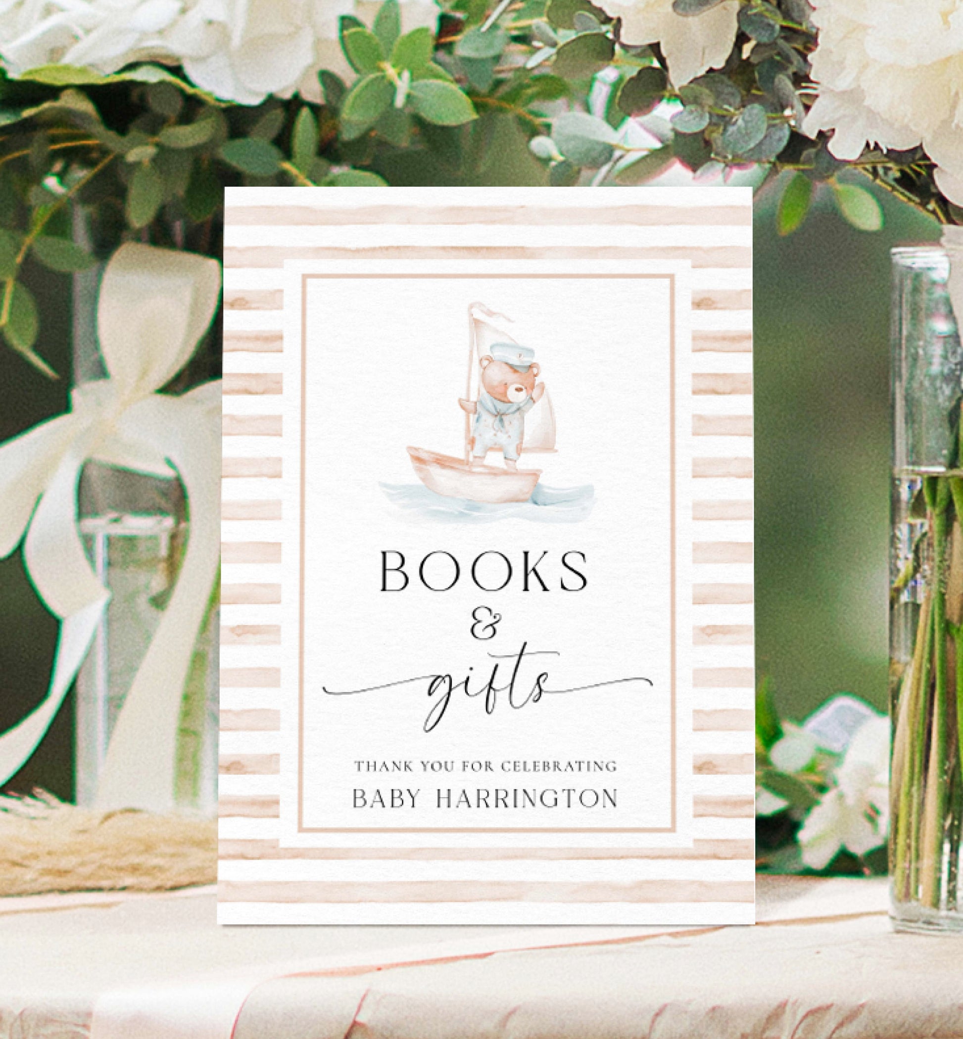 Printable Books and Gifts Sign Template, Sailor Teddy Bear Tan Stripe, Printable Boy Baby Shower Present Table Sign, Nautical Baby Shower