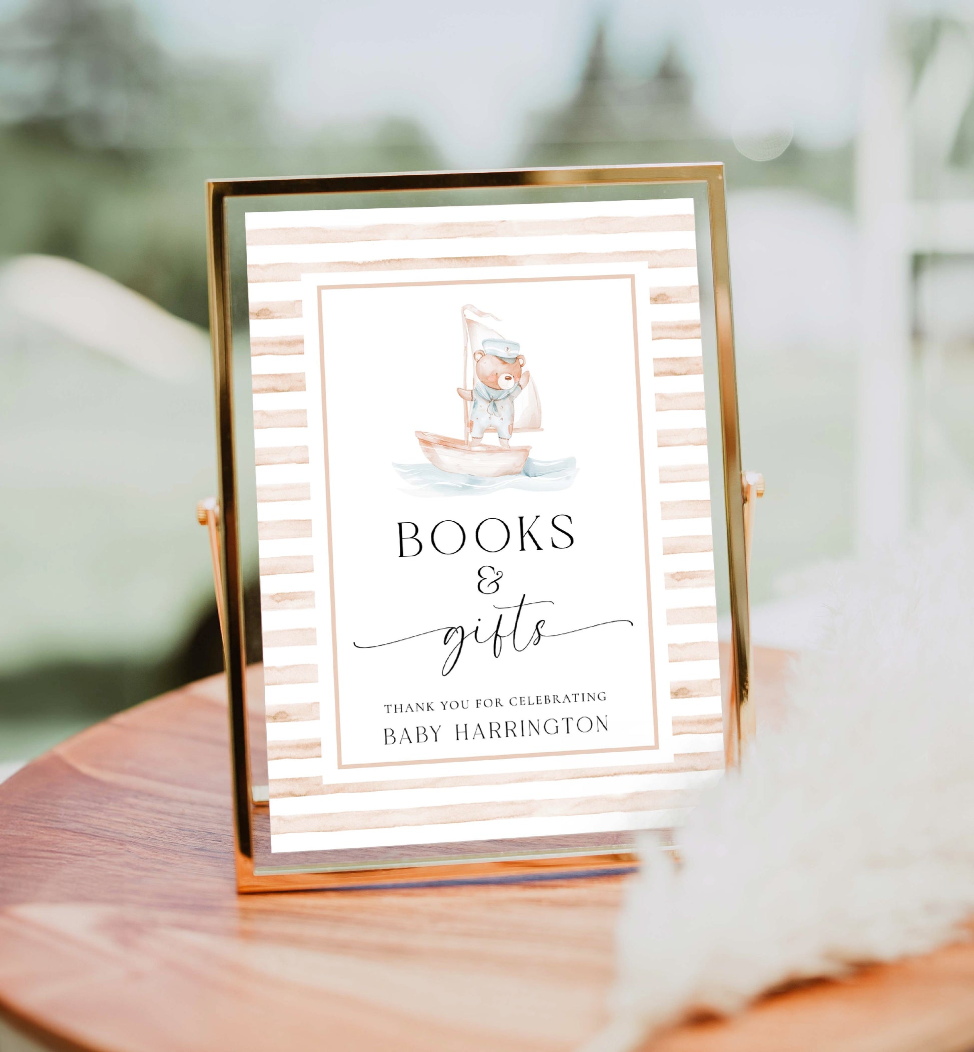 Printable Books and Gifts Sign Template, Sailor Teddy Bear Tan Stripe, Printable Boy Baby Shower Present Table Sign, Nautical Baby Shower