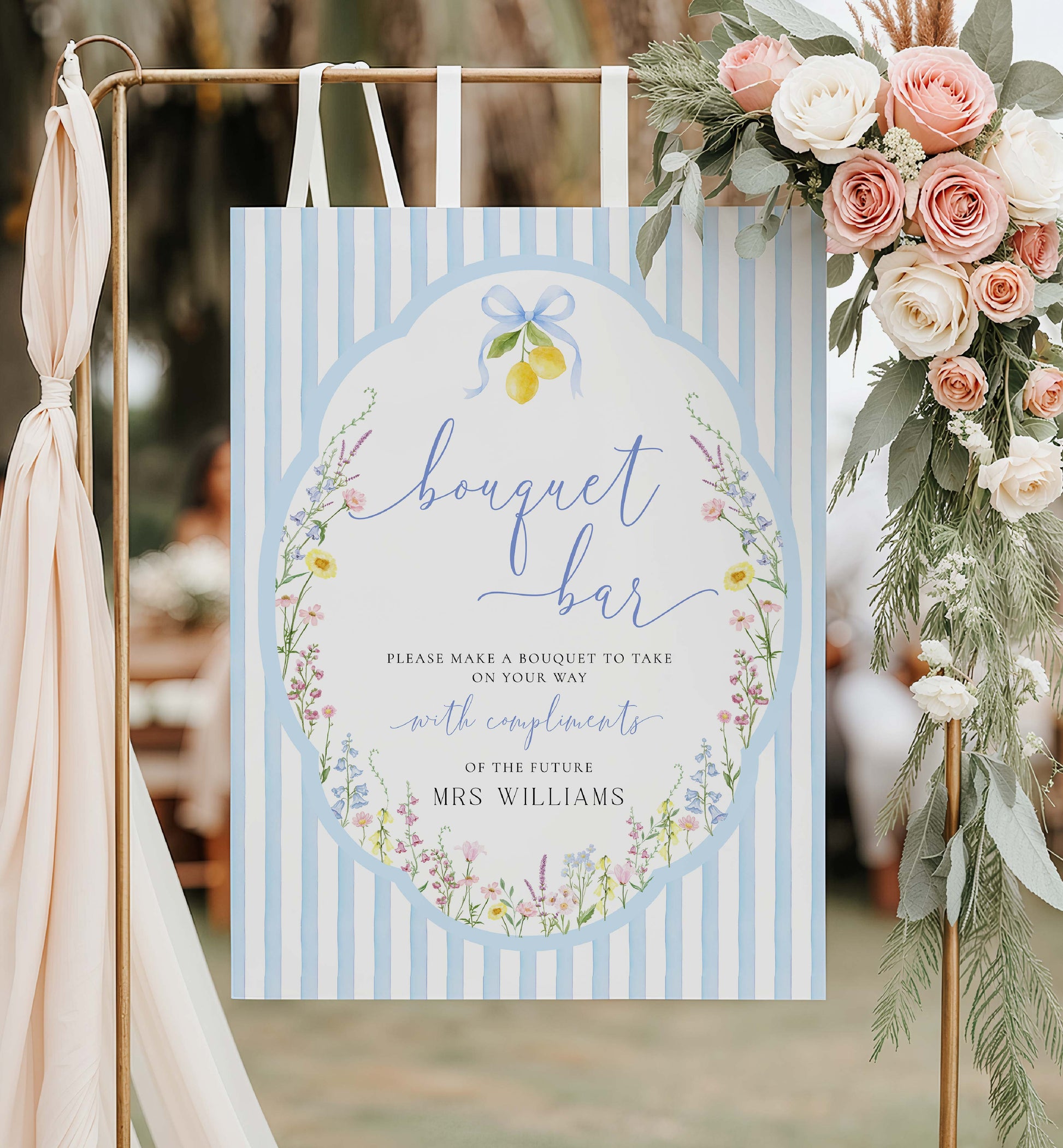 Bouquet bar sign with floral decorations on a stand. Printable Bouquet Bar Sign, Spring Wildflower, Blue Bow Bridal Shower Bouquet Station Favor Sign, Posey