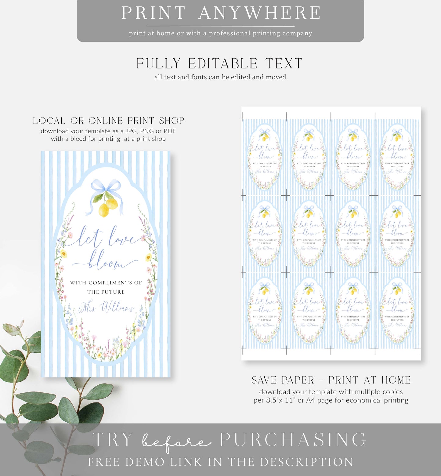 Posey Blue | Printable Bouquet Bar Sign and Tag Template