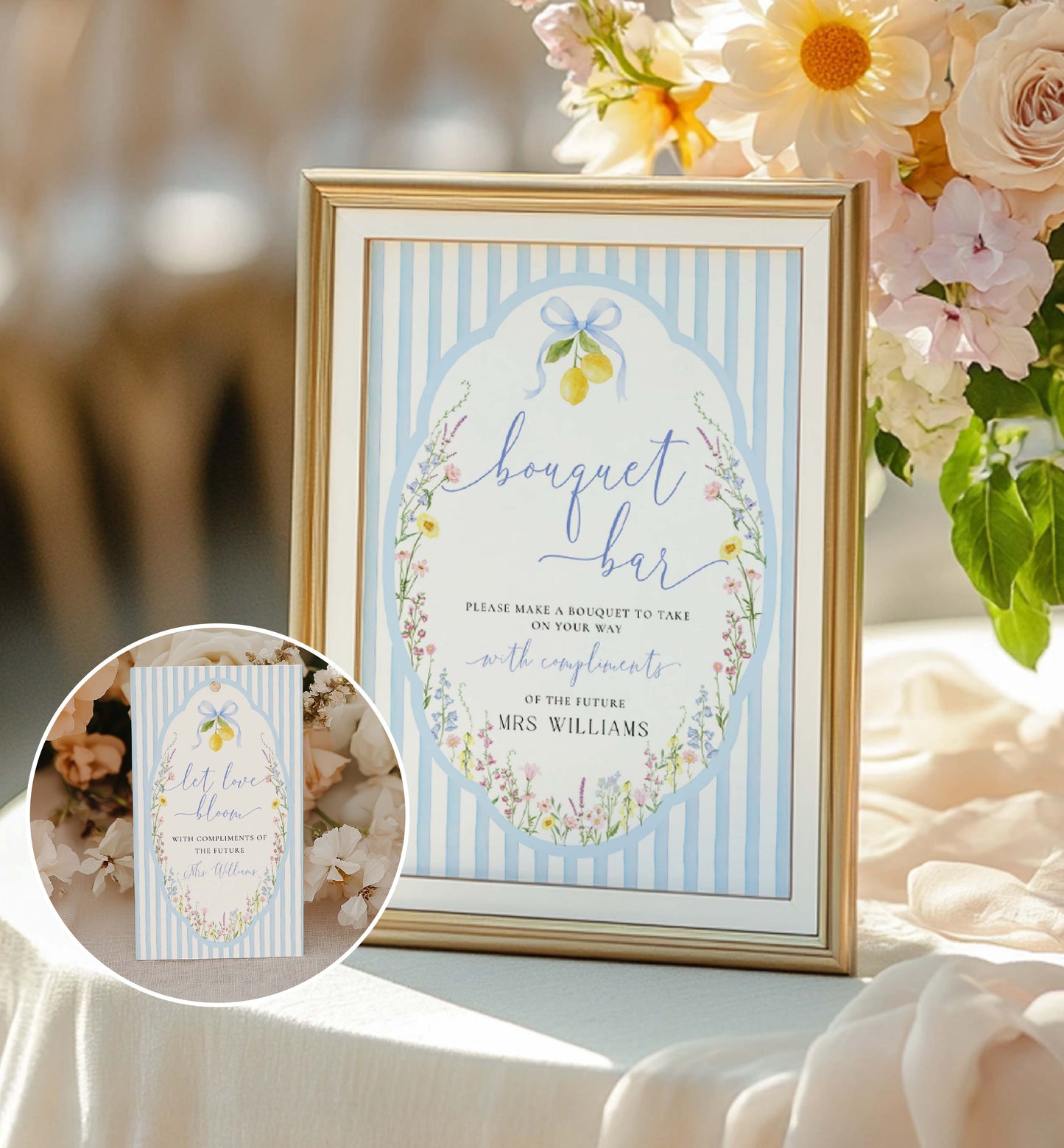 Framed bouquet bar sign with floral design and flowers in the background. Printable Bouquet Bar Sign, Spring Wildflower, Blue Bow Bridal Shower Bouquet Station Favor Sign, Posey