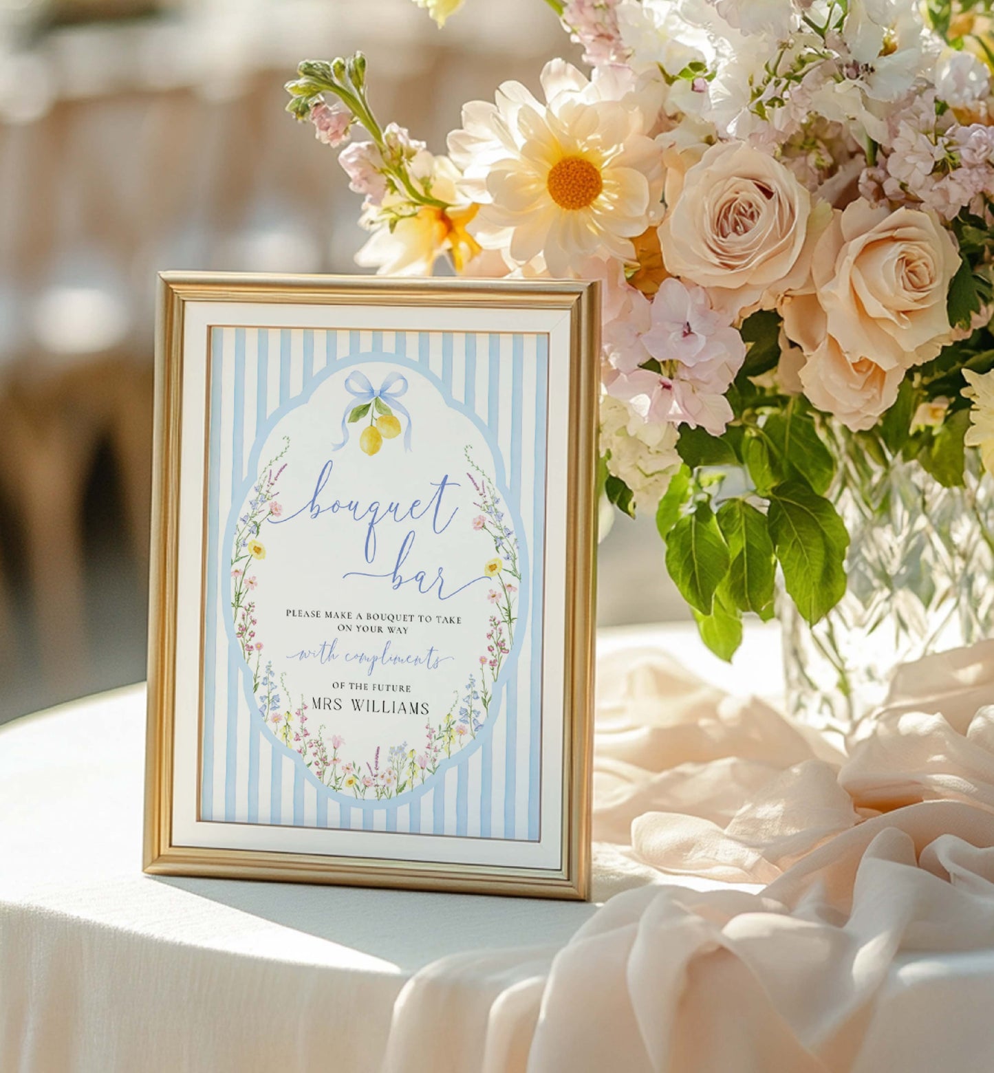 Decorative sign for a bouquet bar with flowers in the background. Printable Bouquet Bar Sign, Spring Wildflower, Blue Bow Bridal Shower Bouquet Station Favor Sign, Posey