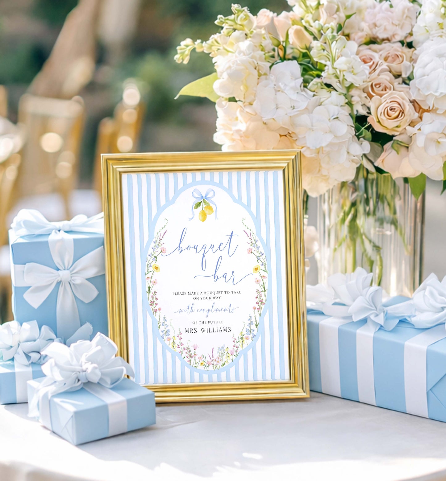 Decorative table setting with a bouquet bar sign, flowers, and wrapped gifts. Printable Bouquet Bar Sign, Spring Wildflower, Blue Bow Bridal Shower Bouquet Station Favor Sign, Posey