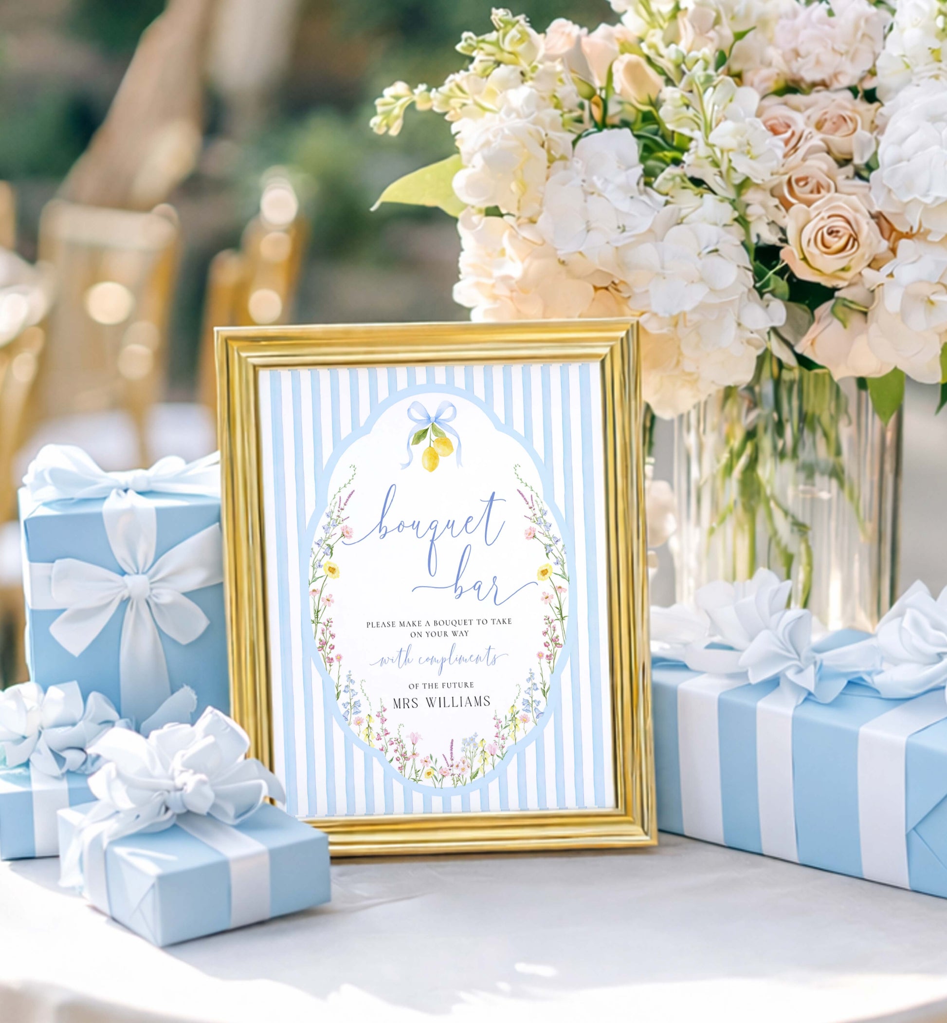 Decorative table setting with a bouquet bar sign, flowers, and wrapped gifts. Printable Bouquet Bar Sign, Spring Wildflower, Blue Bow Bridal Shower Bouquet Station Favor Sign, Posey