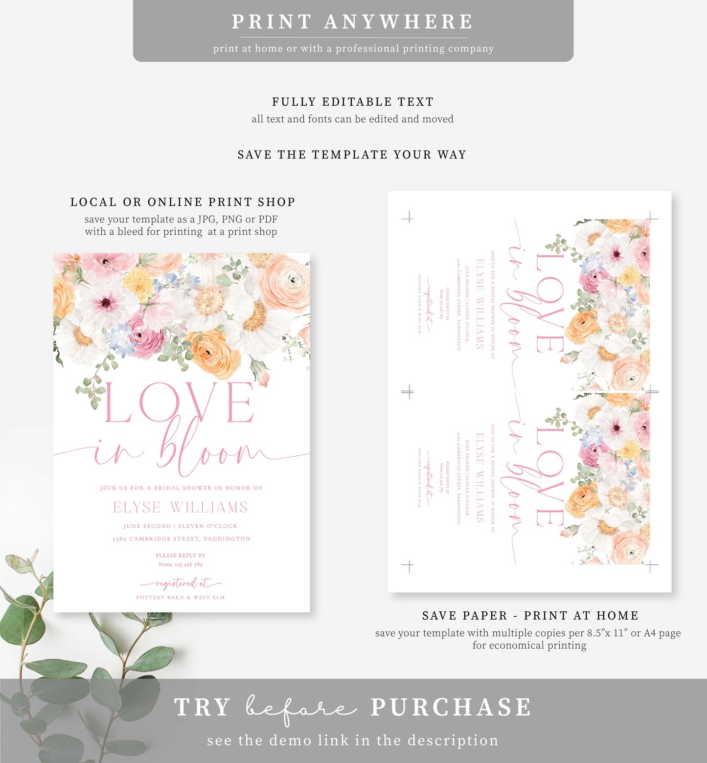 Millie Floral White | Printable Love In Bloom Bridal Shower Invitation Template