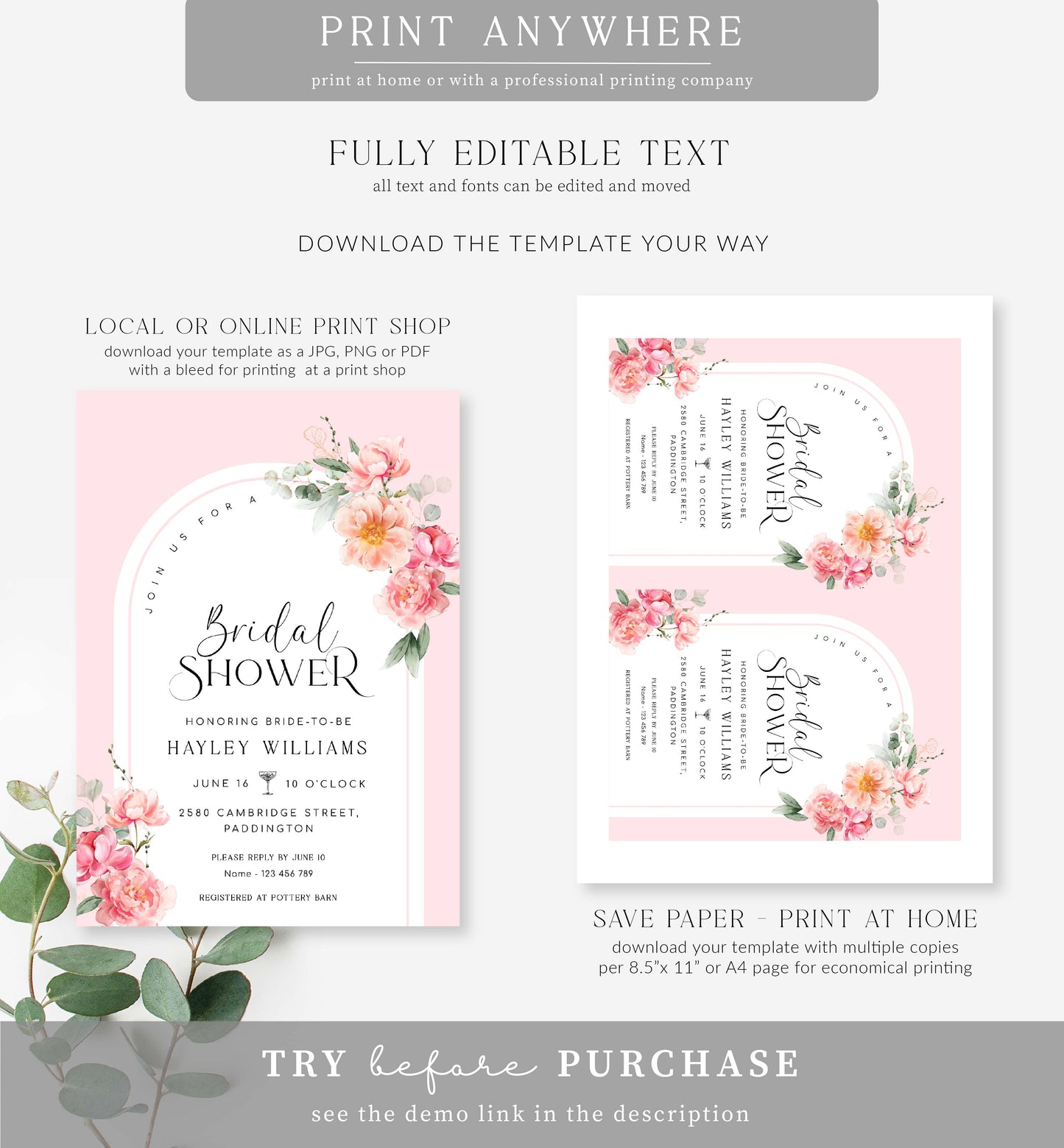 Piper Floral Pink | Printable Bridal Shower Invitation Template