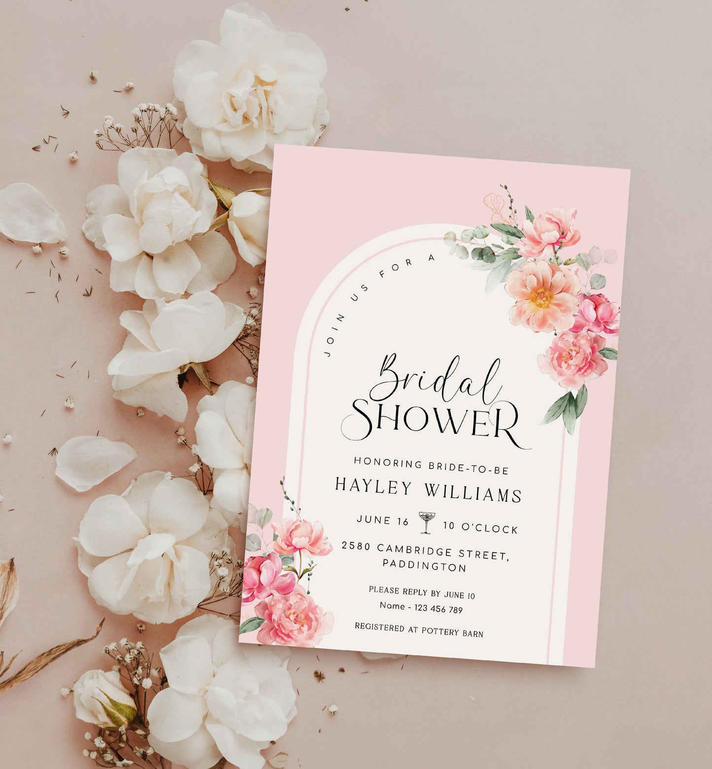 Pink Peony Bridal Shower Arch Invitation Template, Printable Spring Floral Bridal Shower Invite, Hot Pink Floral Hens Party Invite, Piper