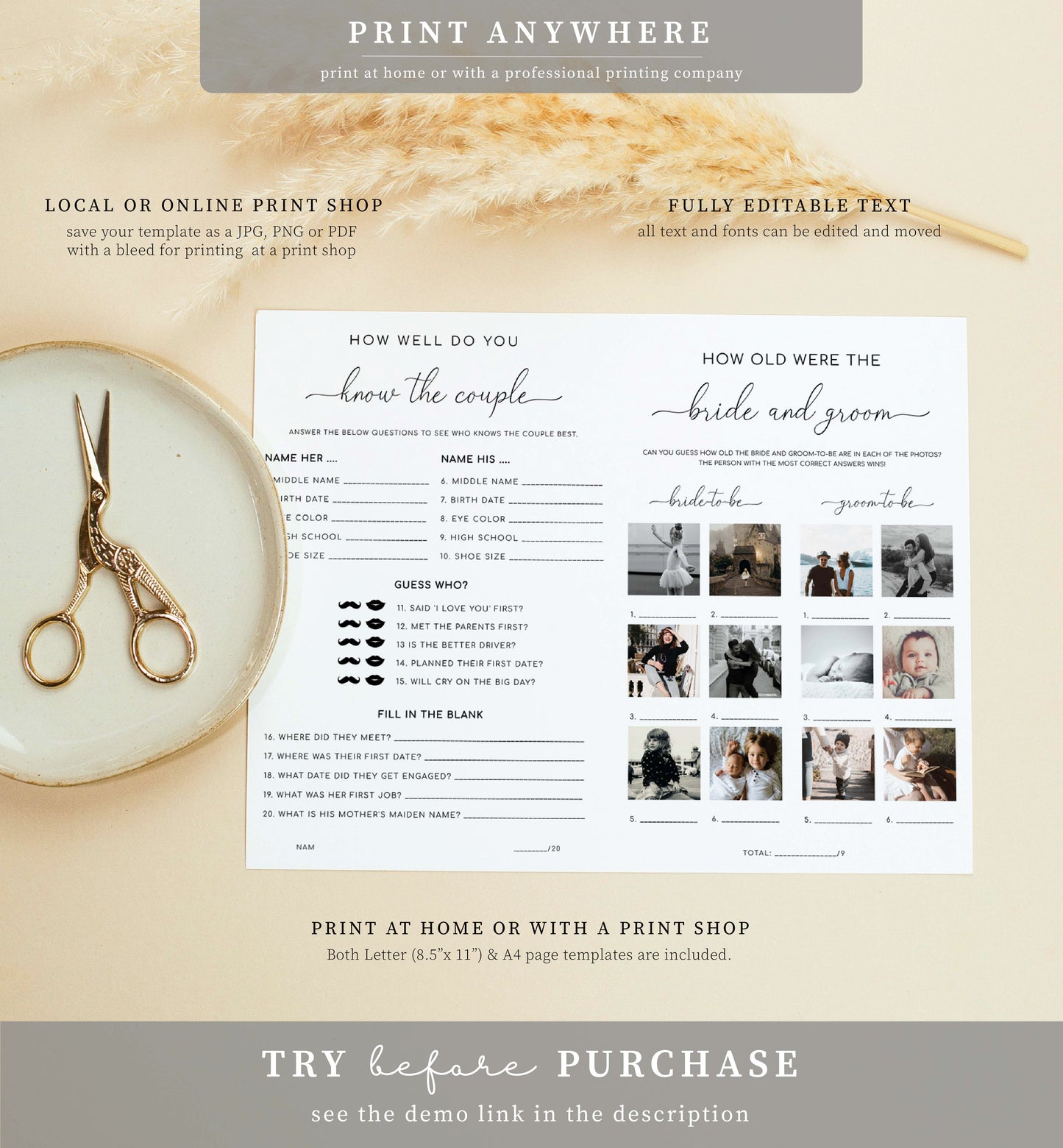 Quinn Script | Printable Bridal Shower Couples Game and Menu Booklet Template