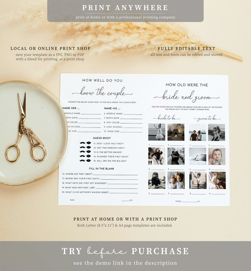 Quinn Script | Printable Bridal Shower Couples Game and Menu Booklet T ...
