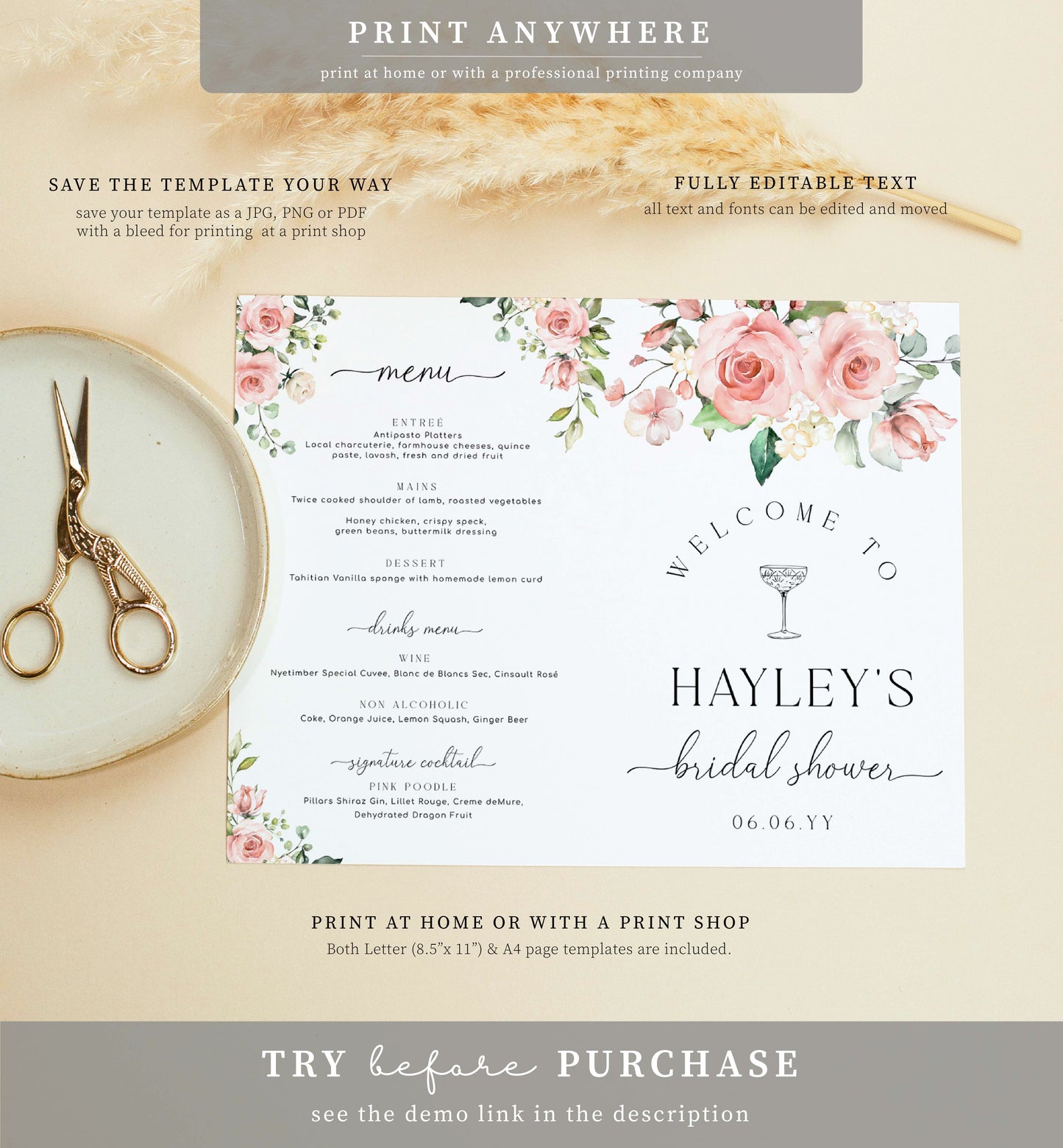 Darcy Pink | Printable Bridal Shower Game and Menu Booklet Template