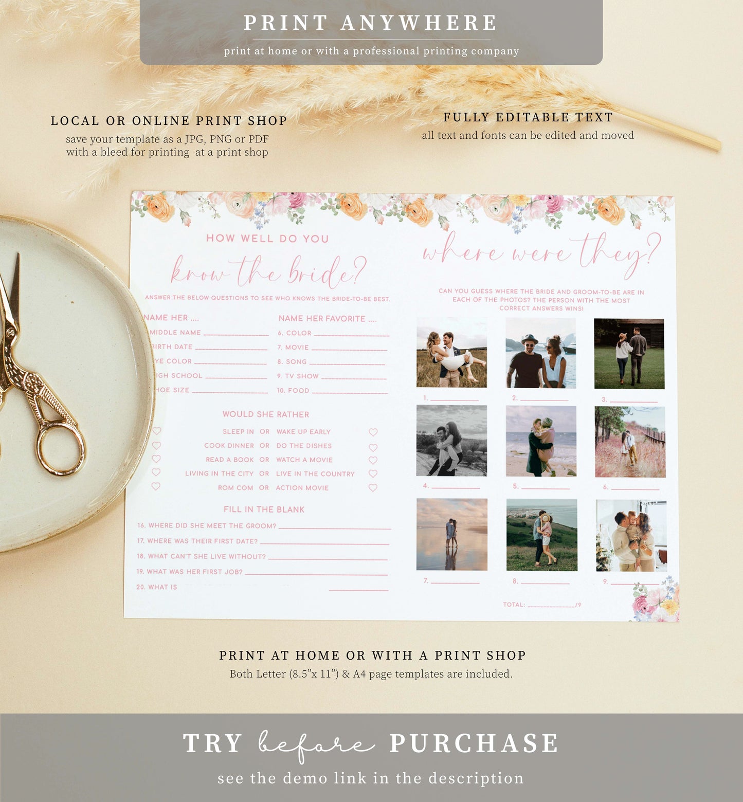 Millie Floral White | Printable Bridal Shower Game and Menu Booklet Template