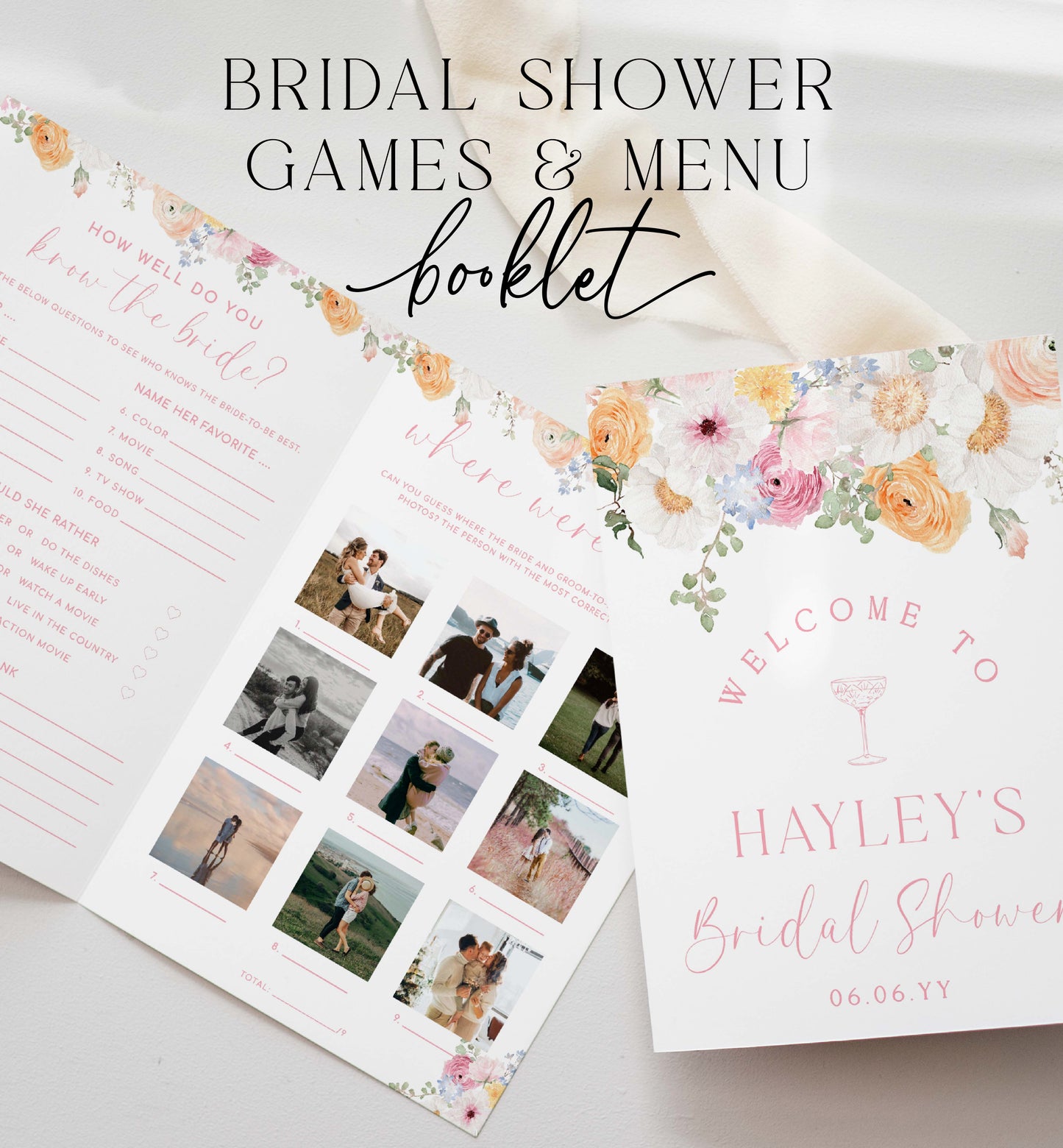 Bridal Shower Menu and Games Booklet, Spring Floral, Printable Bridal Shower Menu, Where Were They Photo Game, Hens Party Games, Millie