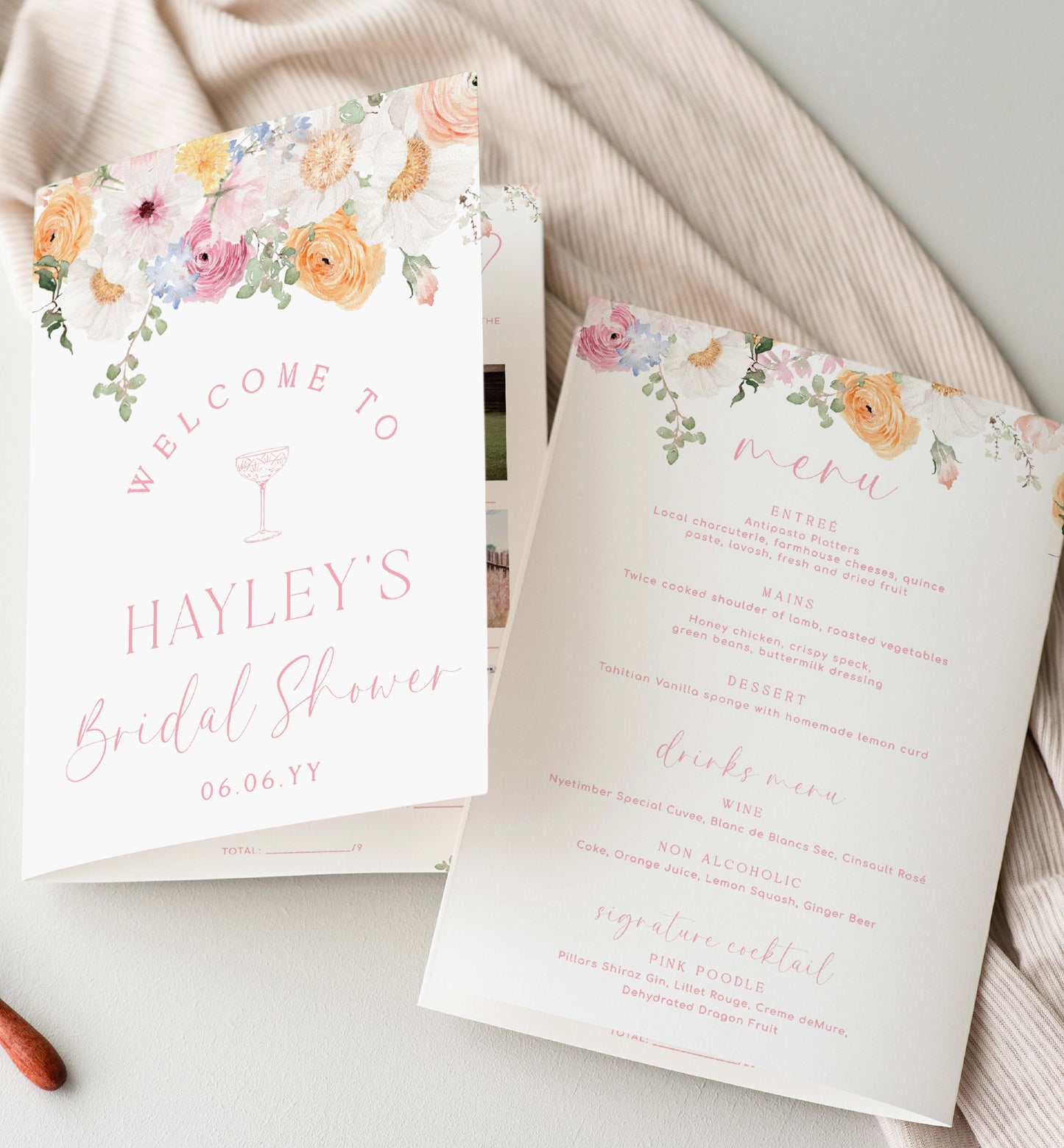 Millie Floral White | Printable Bridal Shower Game and Menu Booklet Template