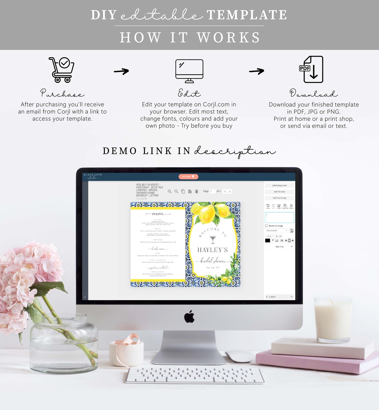 Positano Lemon | Printable Bridal Shower Game and Menu Booklet Template