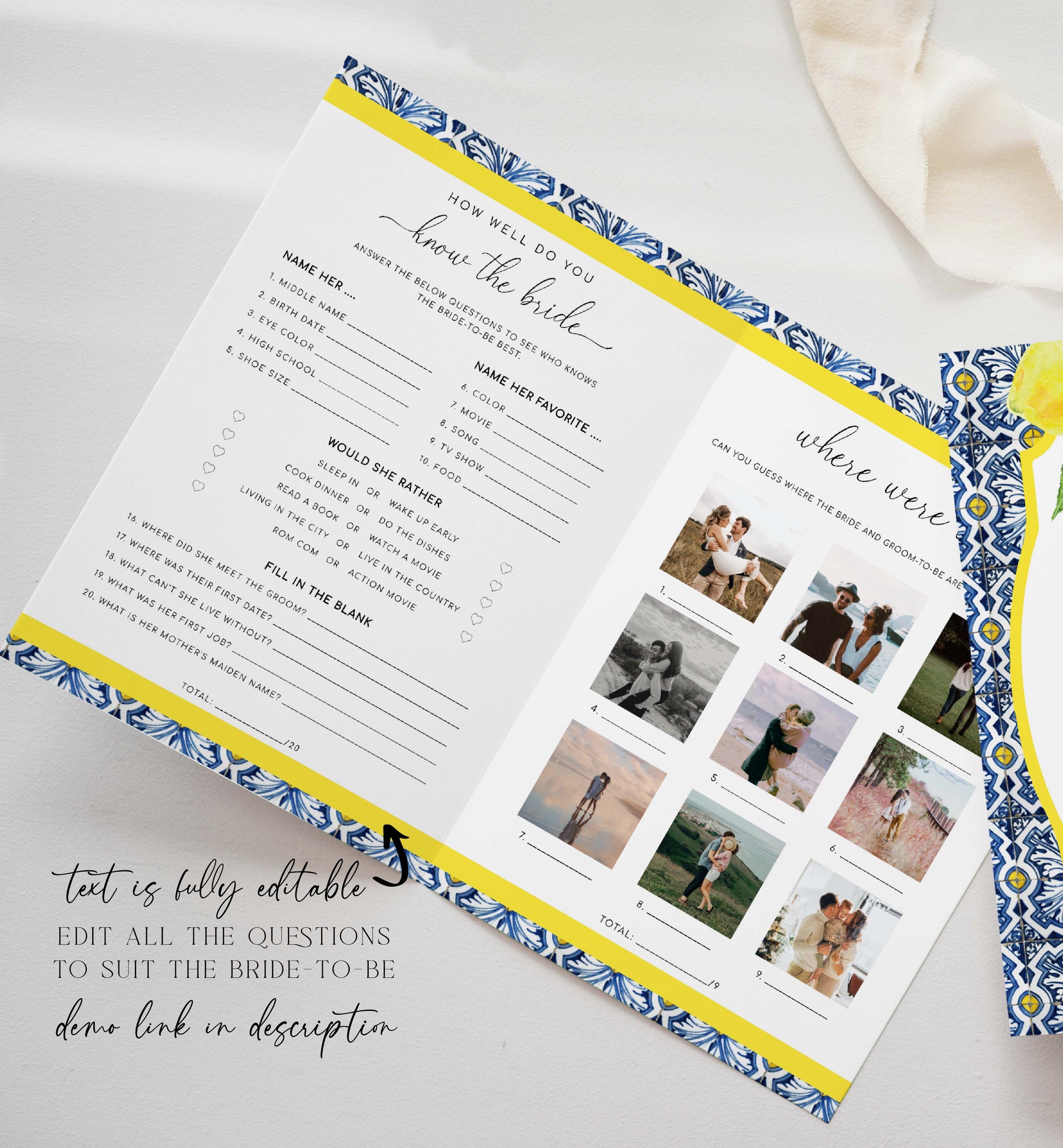 Bridal Shower Menu and Games Booklet, Positano Blue Tile Bridal Shower, Lemons, Printable Menu, Bridal Shower Games, Hens Party Games