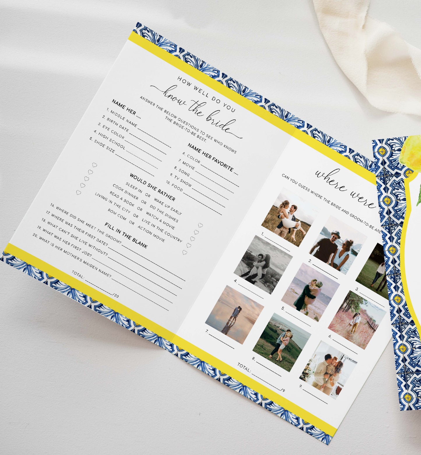 Bridal Shower Menu and Games Booklet, Positano Blue Tile Bridal Shower, Lemons, Printable Menu, Bridal Shower Games, Hens Party Games