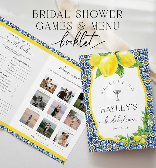Bridal Shower Menu and Games Booklet, Positano Blue Tile Bridal Shower, Lemons, Printable Menu, Bridal Shower Games, Hens Party Games