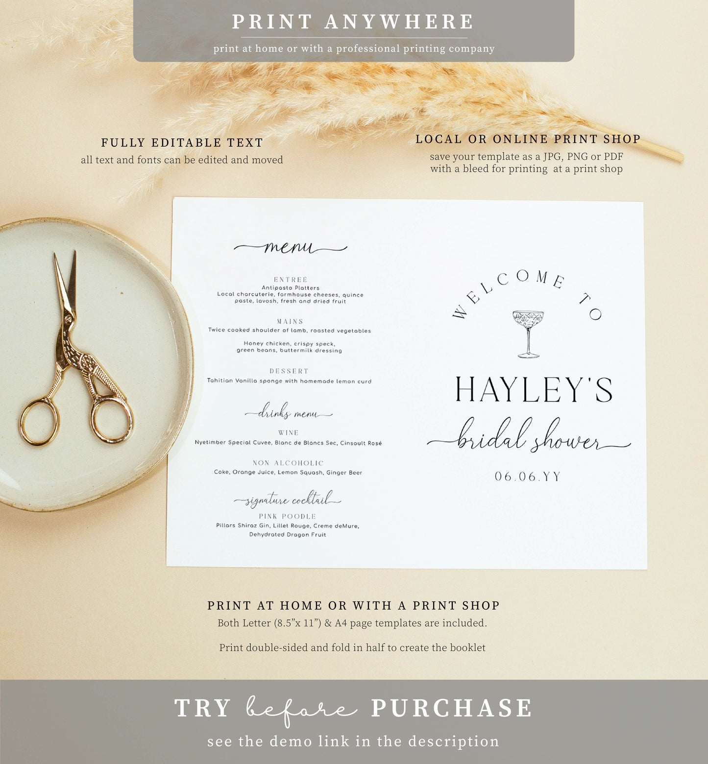 Quinn Script | Printable Bridal Shower Game and Menu Booklet Template