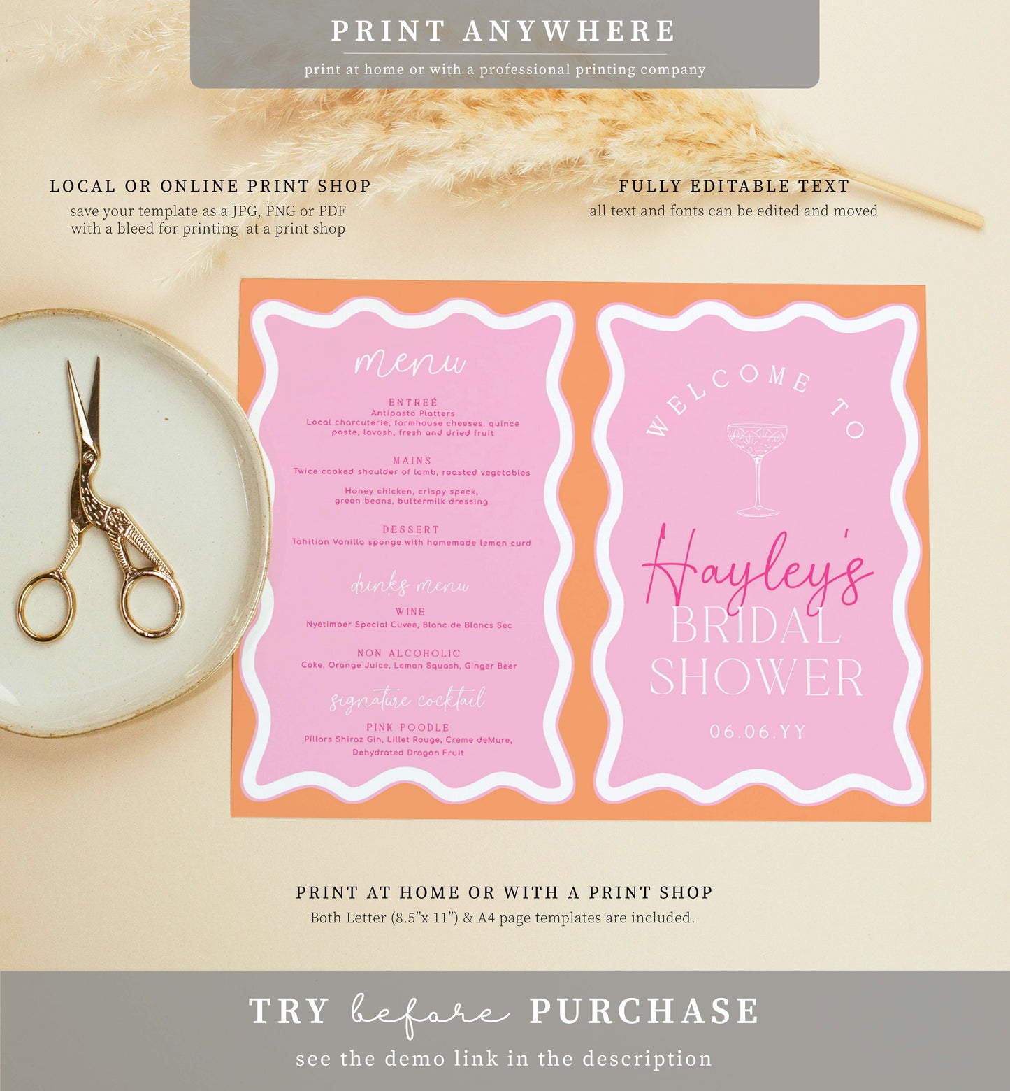 Wave Pink Orange | Printable Bridal Shower Game and Menu Booklet Template