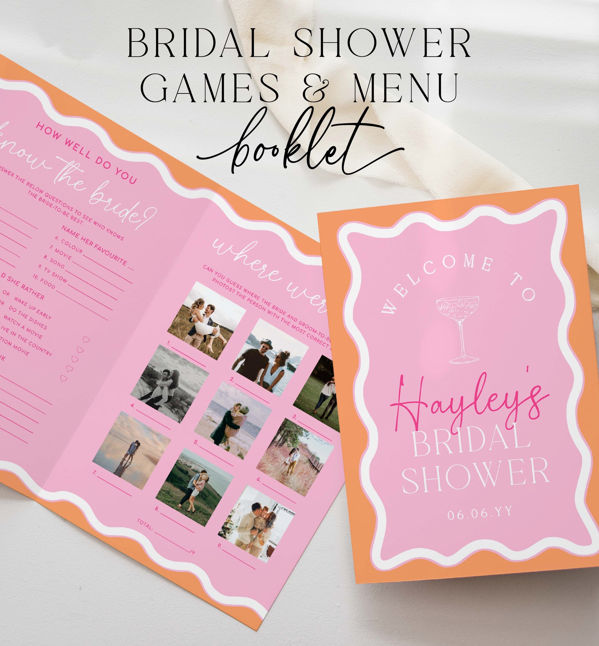 Pink Orange Wavy Bridal Shower Menu and Games Booklet, Modern Wavy Line Bridal Shower Game, Printable Menu Template, Hens Party Games, Wave