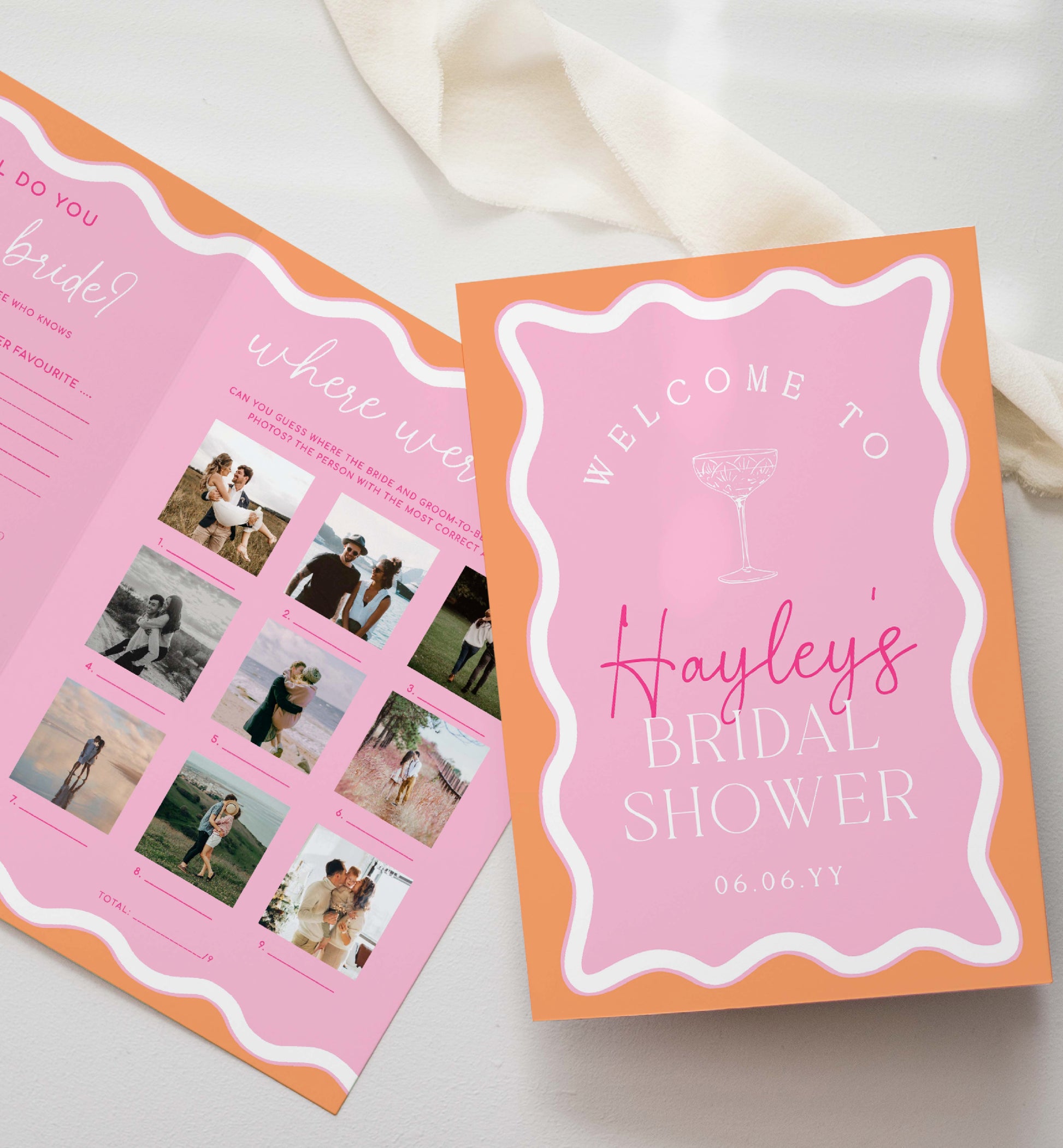 Pink Orange Wavy Bridal Shower Menu and Games Booklet, Modern Wavy Line Bridal Shower Game, Printable Menu Template, Hens Party Games, Wave