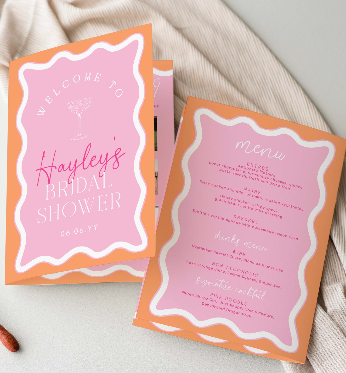 Pink Orange Wavy Bridal Shower Menu and Games Booklet, Modern Wavy Line Bridal Shower Game, Printable Menu Template, Hens Party Games, Wave