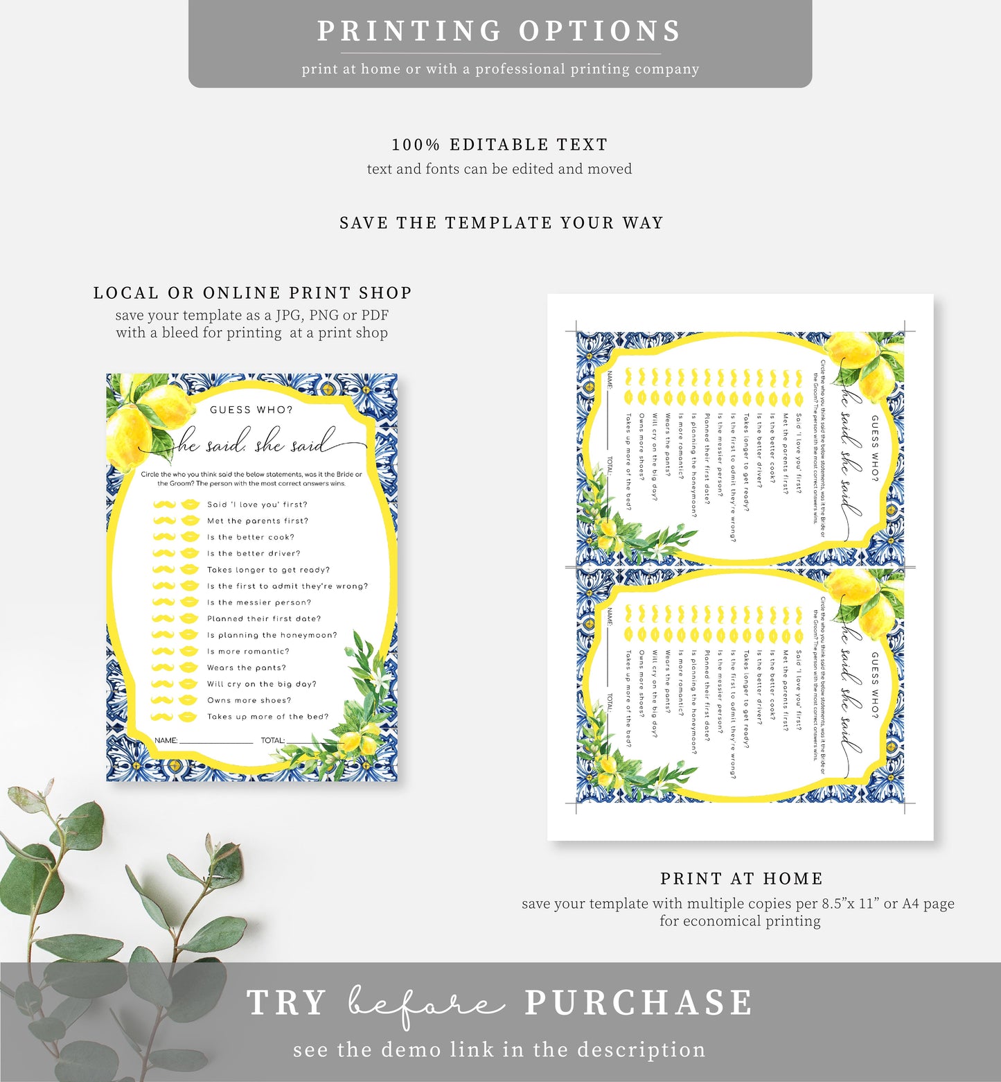 Positano Lemons | Printable Bridal Shower Games Bundle Template