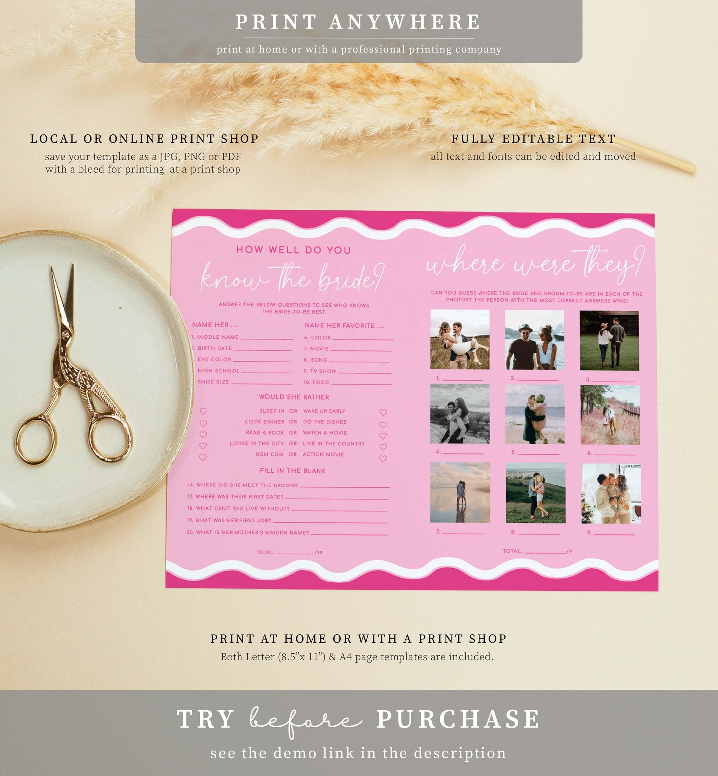 Wave Hot Pink | Printable Bridal Shower Game and Menu Booklet Template