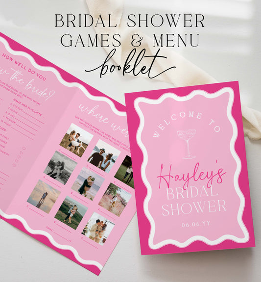 Hot Pink Wavy Bridal Shower Menu and Games Booklet, Modern Wavy Line Bridal Shower Game, Printable Menu Template, Hens Party Games, Wave