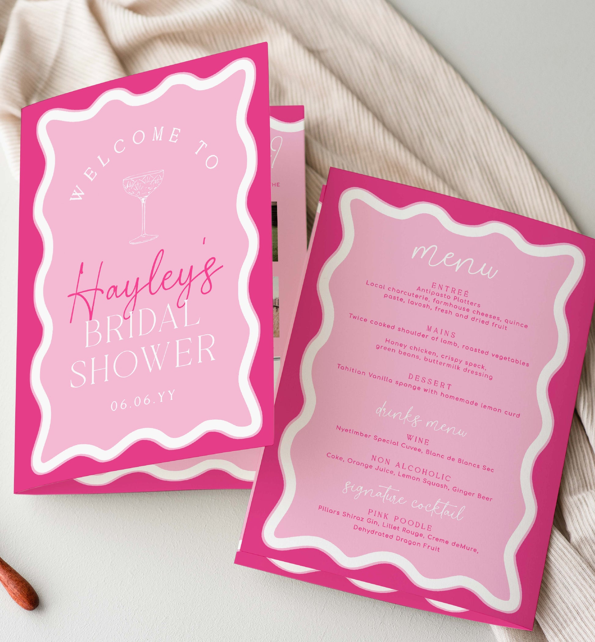 Hot Pink Wavy Bridal Shower Menu and Games Booklet, Modern Wavy Line Bridal Shower Game, Printable Menu Template, Hens Party Games, Wave